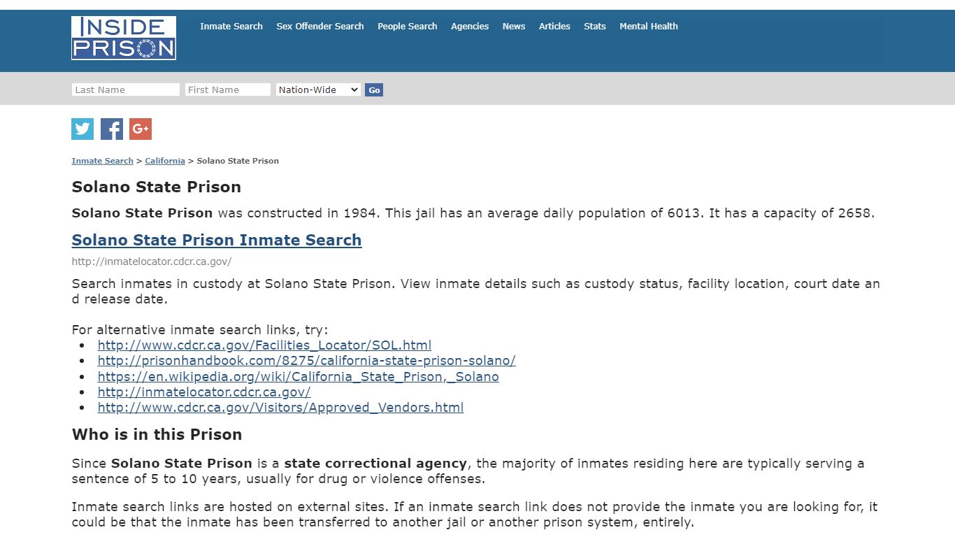 Solano State Prison - California - Inmate Search